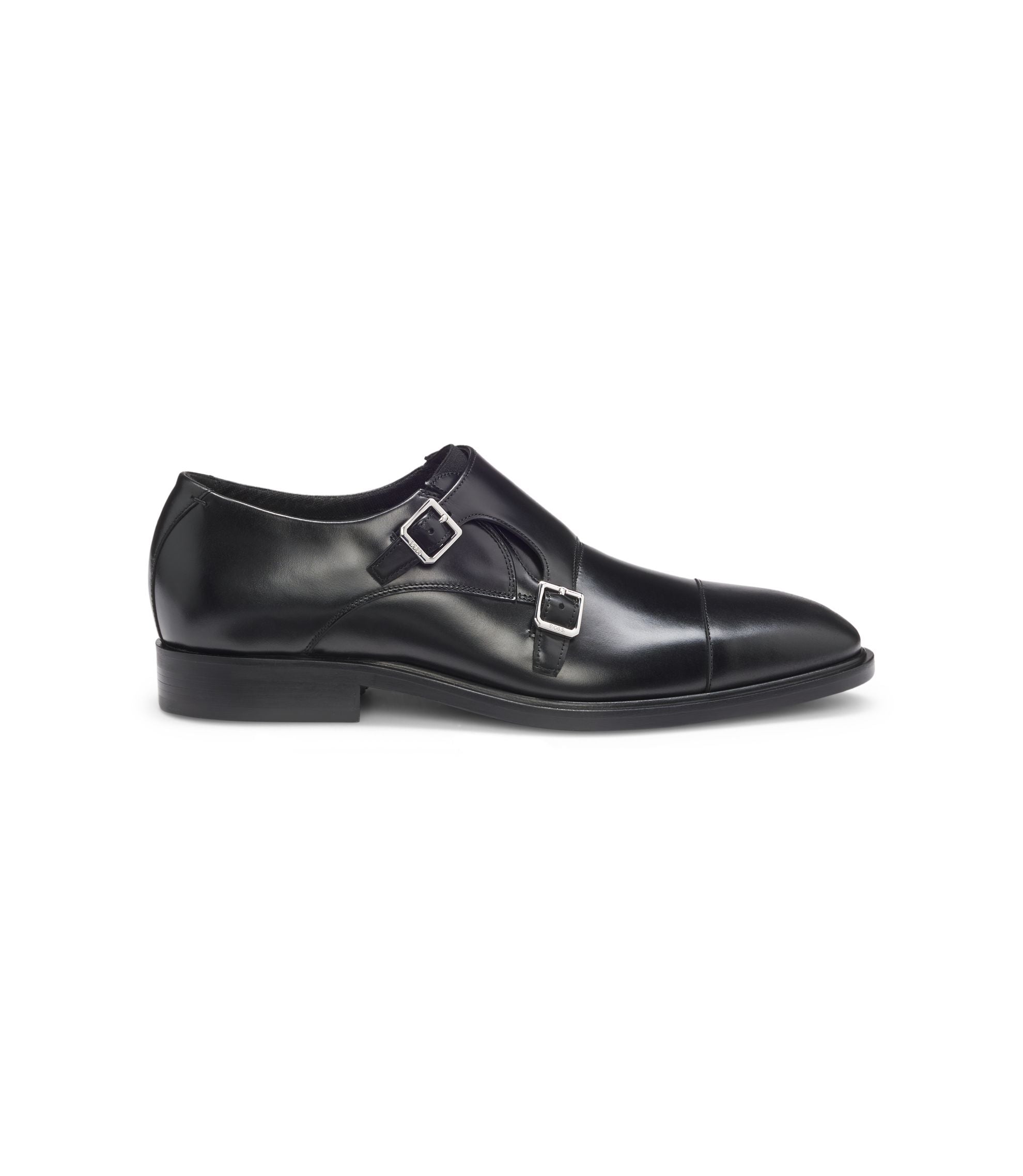 Boss Double Strap Monk Shoes In Leather Black Black