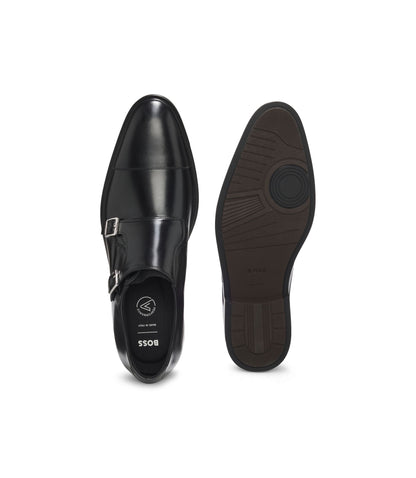 Boss Double Strap Monk Shoes In Leather Black Black