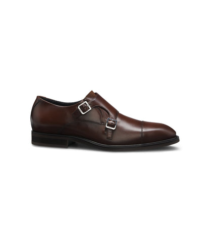 Boss Double Strap Monk Shoes In Leather Brown Brown
