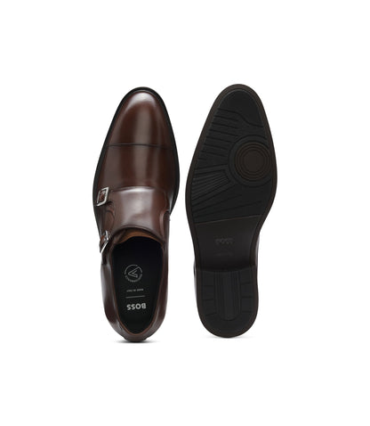 Boss Double Strap Monk Shoes In Leather Brown Brown