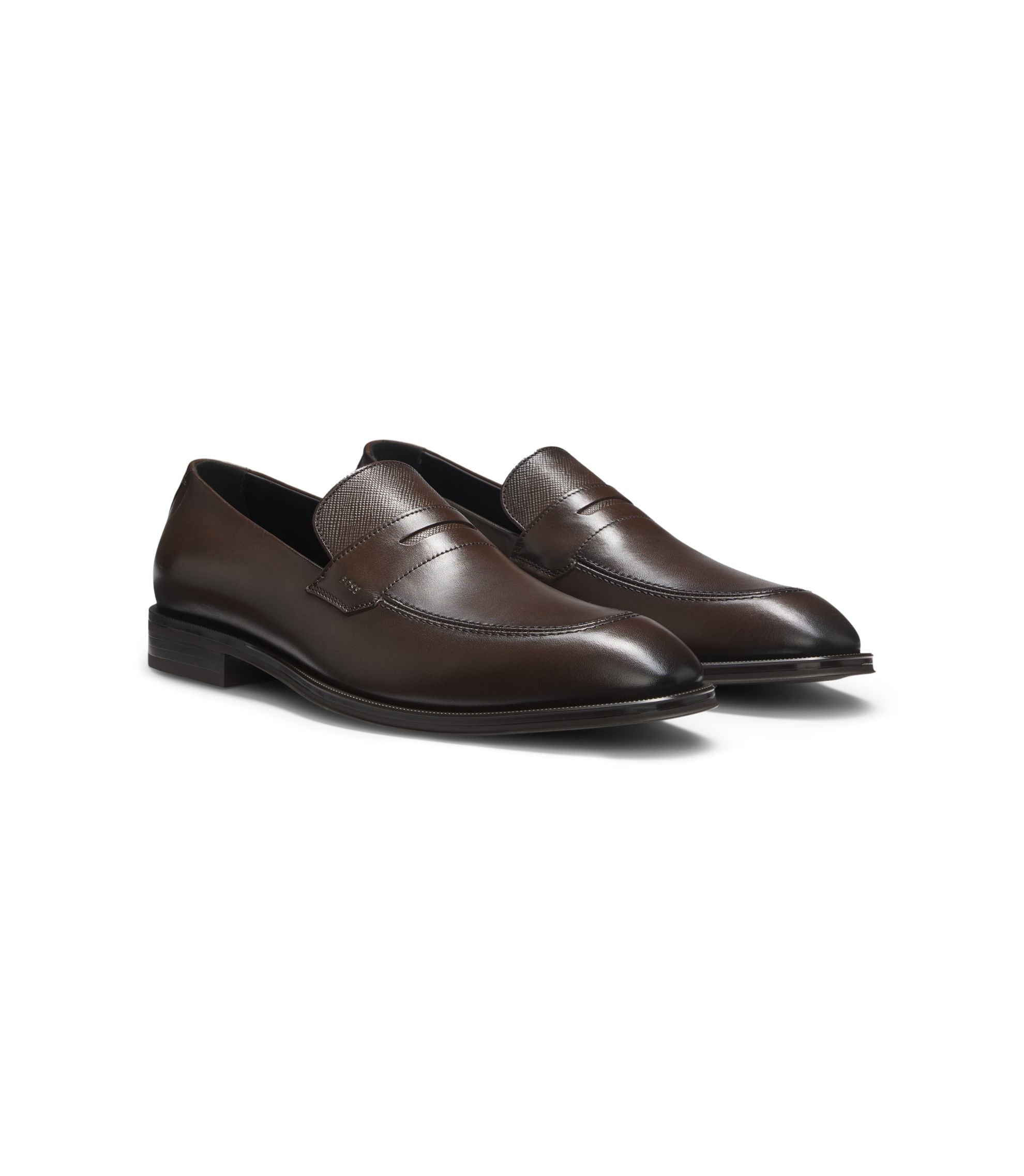 Boss Textured Tongue Loafers In Leather Dark Brown Dark Brown