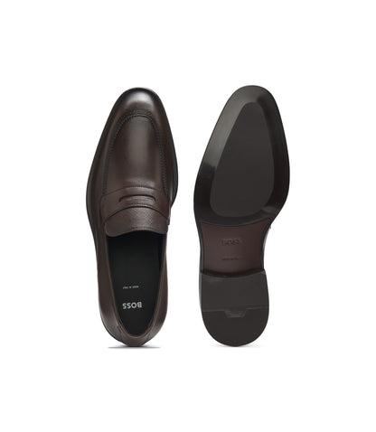Boss Textured Tongue Loafers In Leather Dark Brown Dark Brown