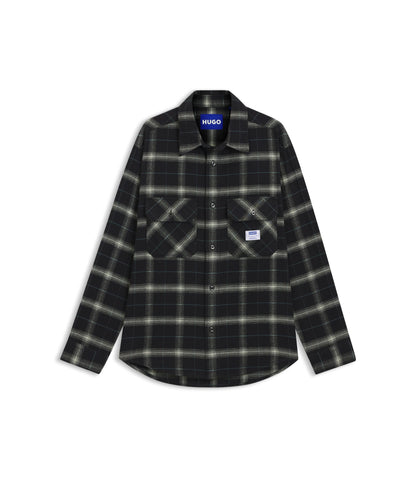 Hugo Checked Oversized Fit Overshirt In Cotton Twill Black