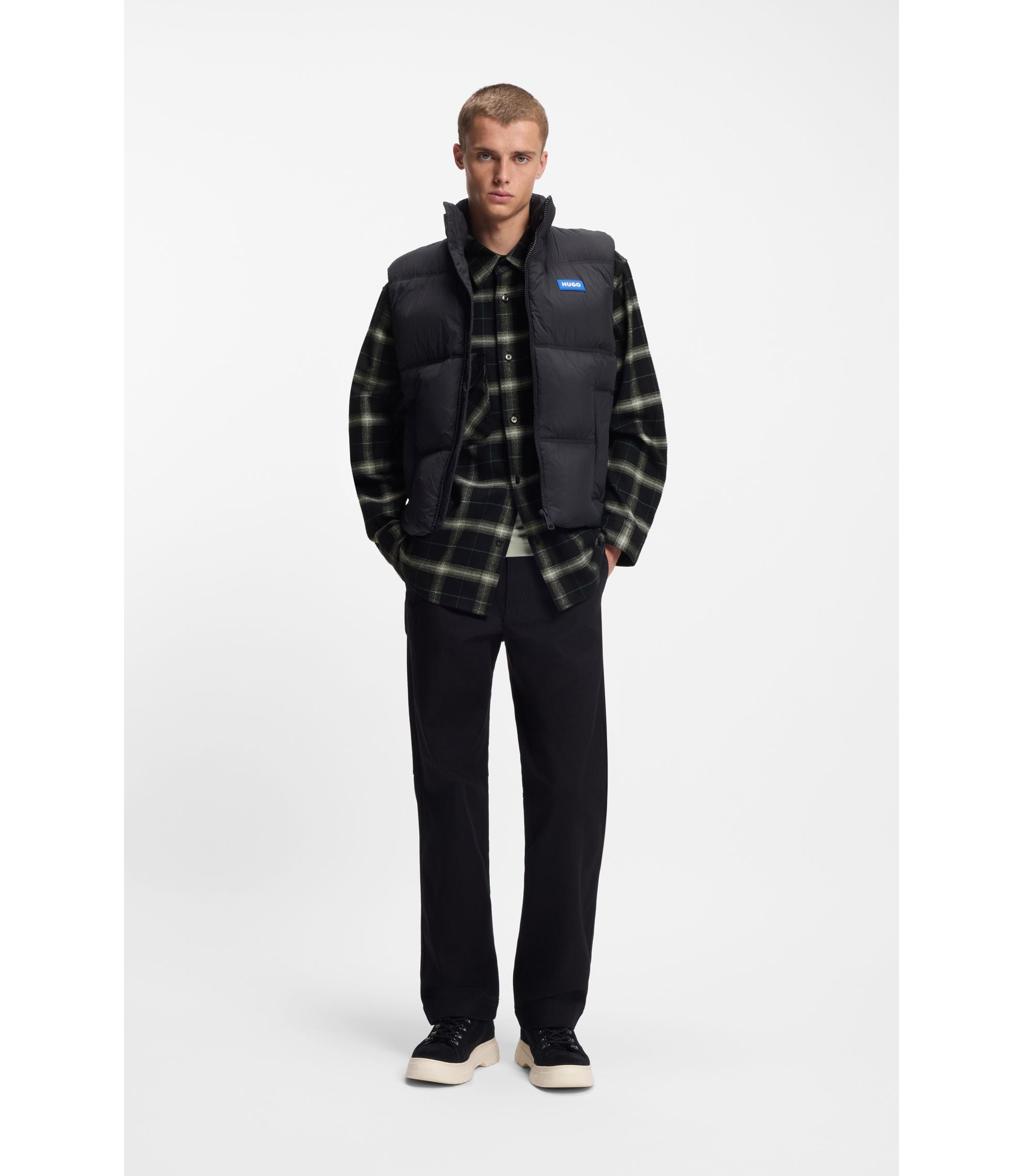 Hugo Checked Oversized Fit Overshirt In Cotton Twill Black