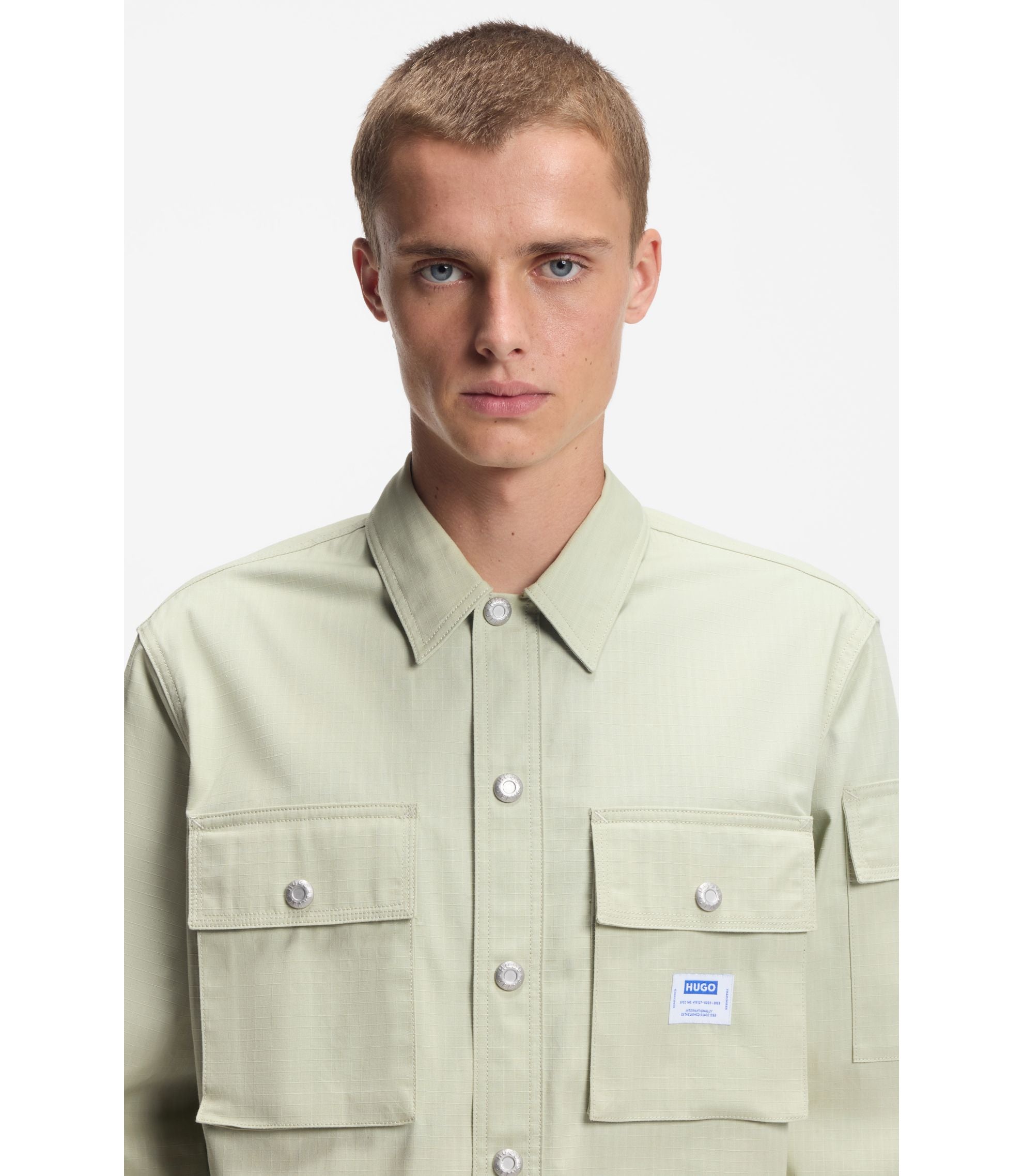 Hugo Relaxed Fit Shirt In Cotton Ripstop Light Green