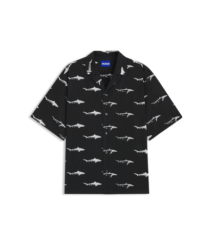 Hugo Printed Relaxed Fit Shirt In Cotton Poplin Black