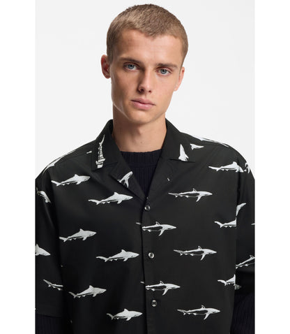 Hugo Printed Relaxed Fit Shirt In Cotton Poplin Black