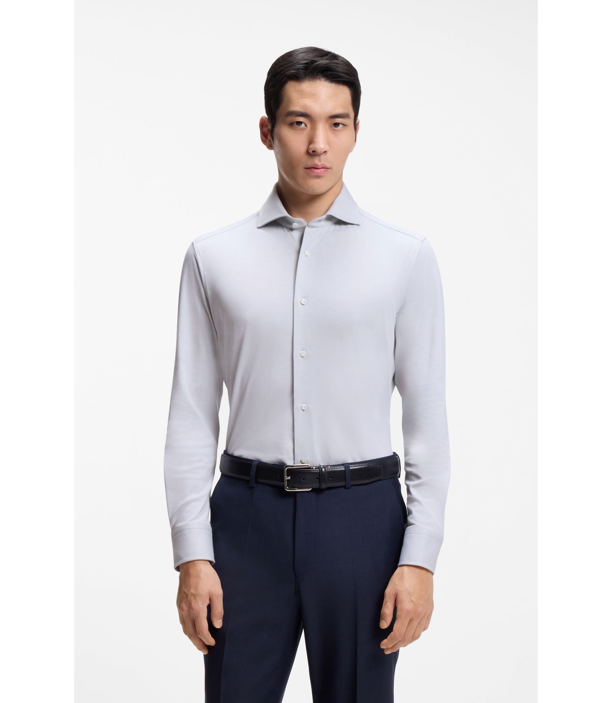 Boss Slim Fit Shirt In A Wrinkle Resistant Cotton Blend Silver
