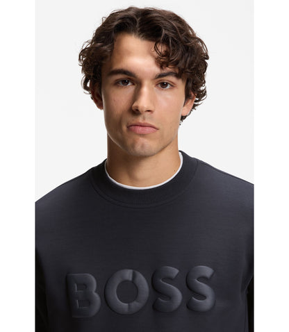 Boss Tonal Logo Sweatshirt In Stretch Cotton Dark Blue
