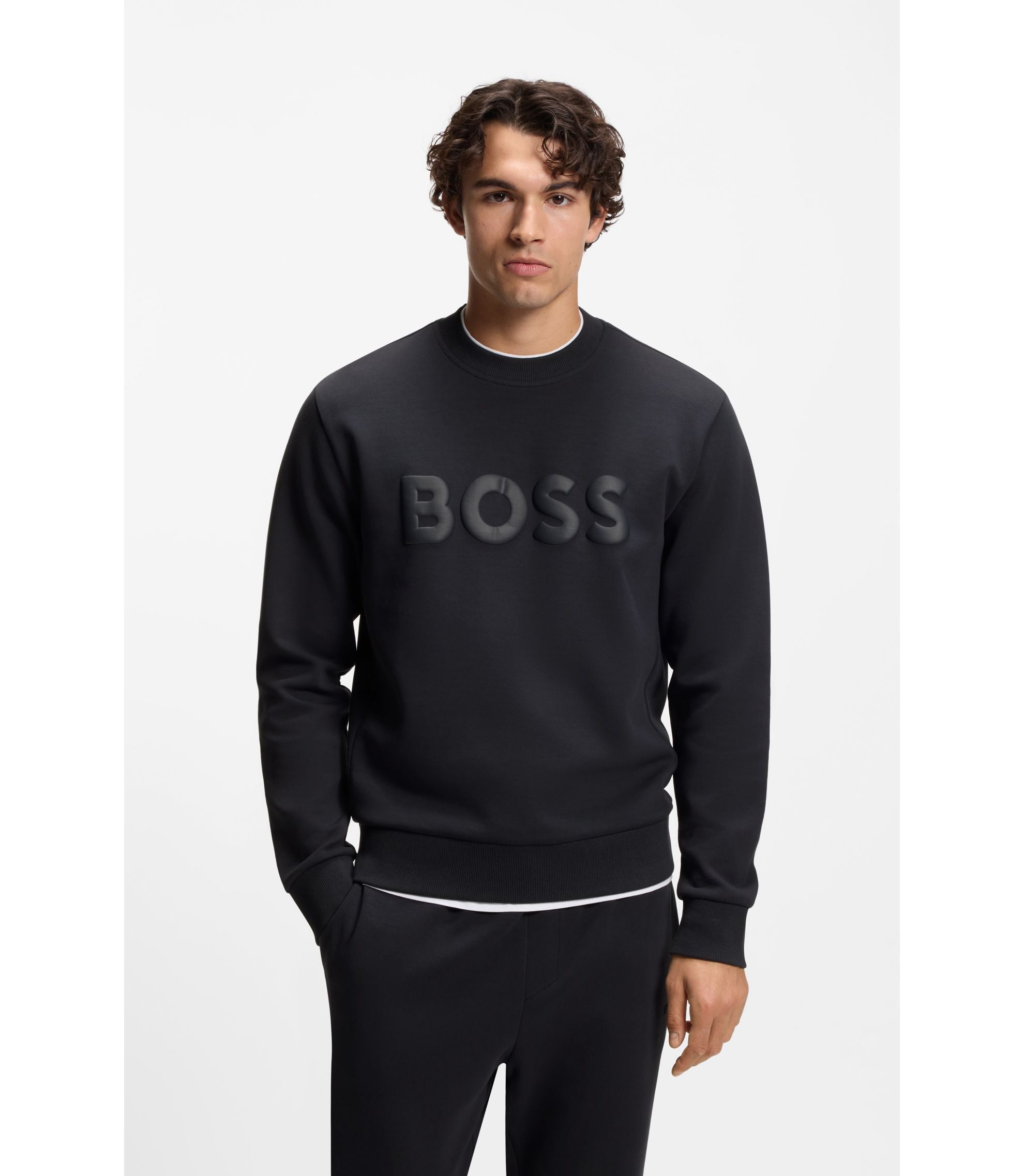 Boss Tonal Logo Sweatshirt In Stretch Cotton Dark Blue