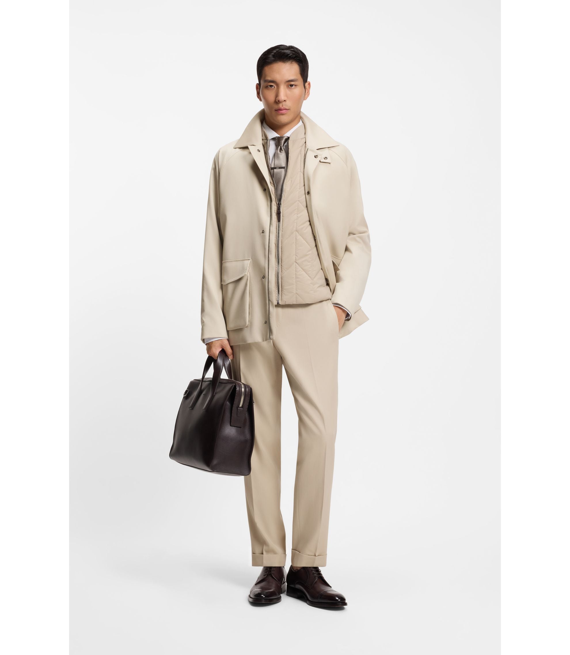 Boss Tapered Fit Trousers In Virgin Wool And Cotton Khaki