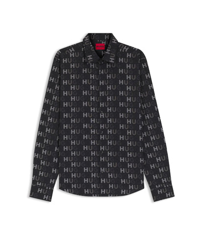 Hugo Printed Slim Fit Shirt In Cotton Poplin Black