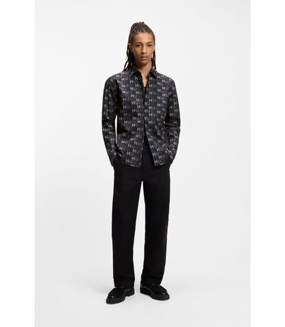 Hugo Printed Slim Fit Shirt In Cotton Poplin Black
