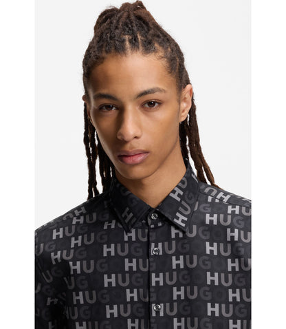 Hugo Printed Slim Fit Shirt In Cotton Poplin Black