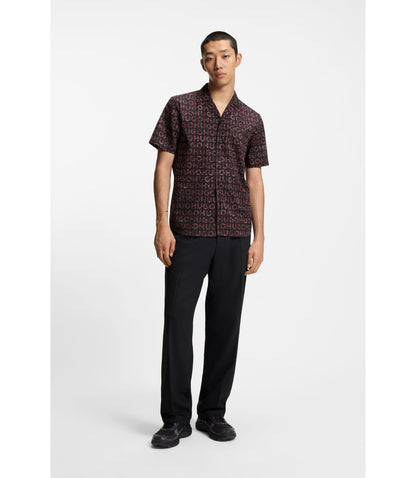 Hugo Printed Relaxed Fit Shirt In Cotton Poplin Light Brown