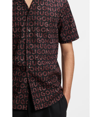 Hugo Printed Relaxed Fit Shirt In Cotton Poplin Light Brown