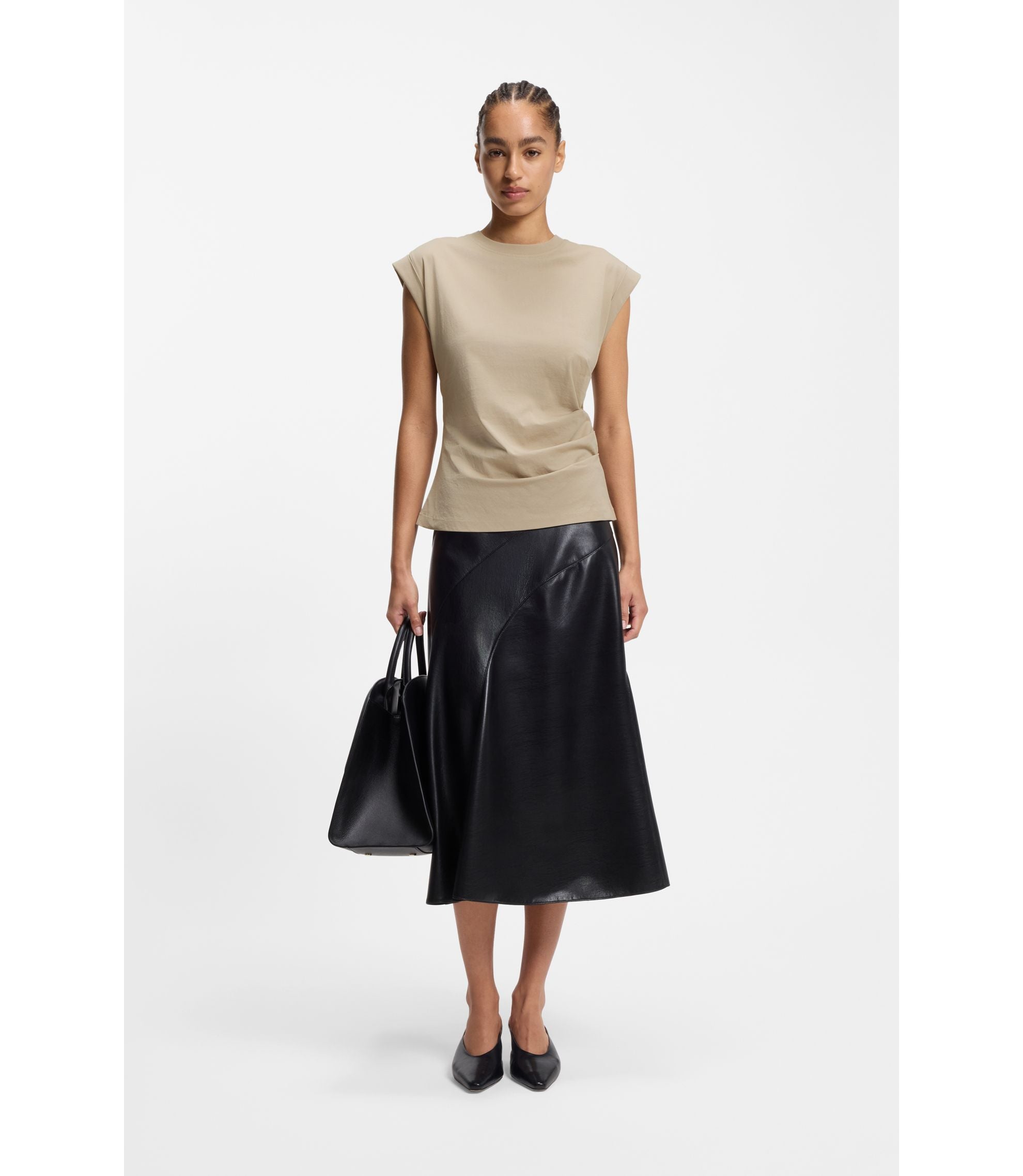 Boss Rolled Cuff Slim Fit T Shirt In Mercerised Cotton Light Beige Women's