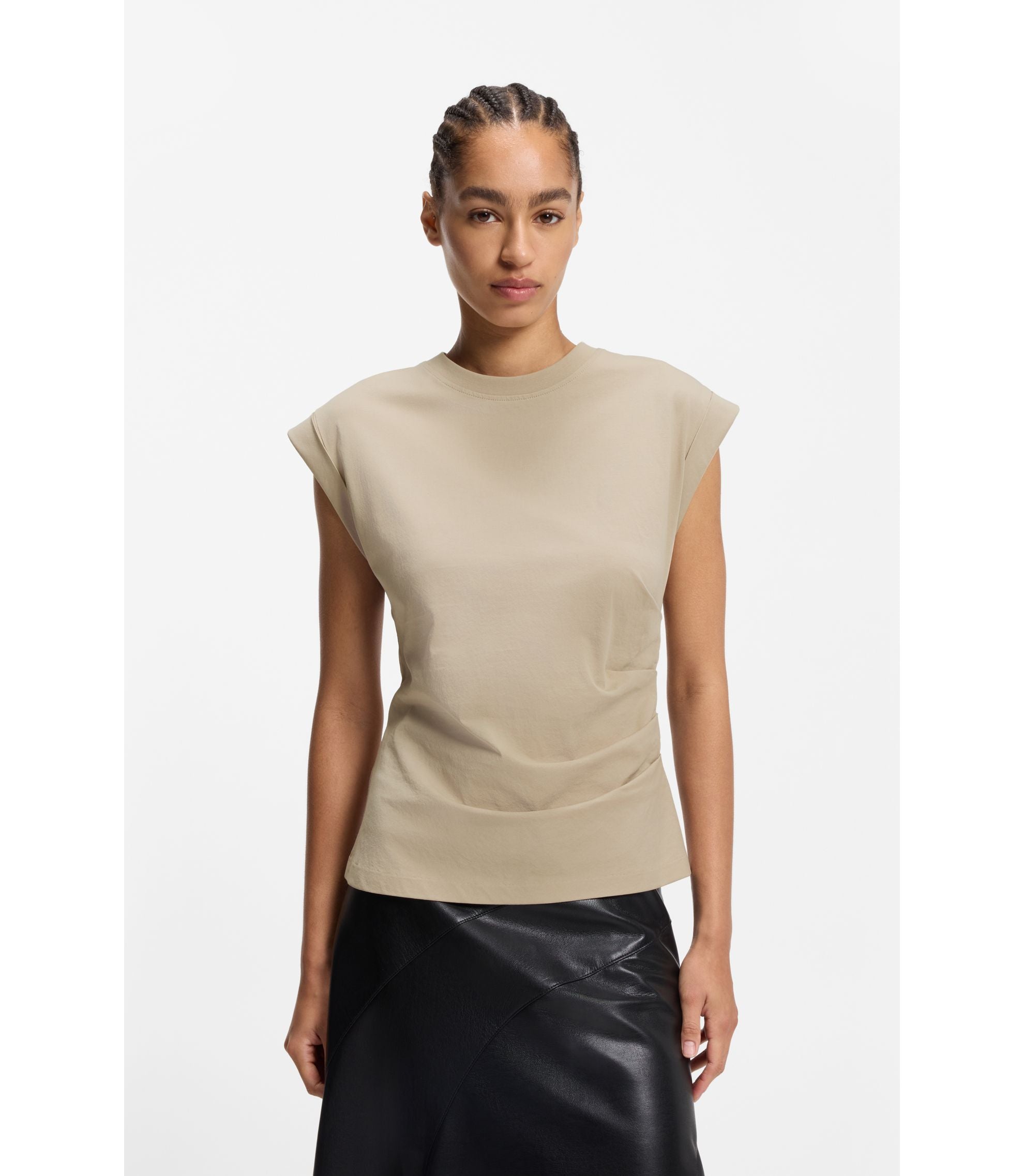 Boss Rolled Cuff Slim Fit T Shirt In Mercerised Cotton Light Beige Women's