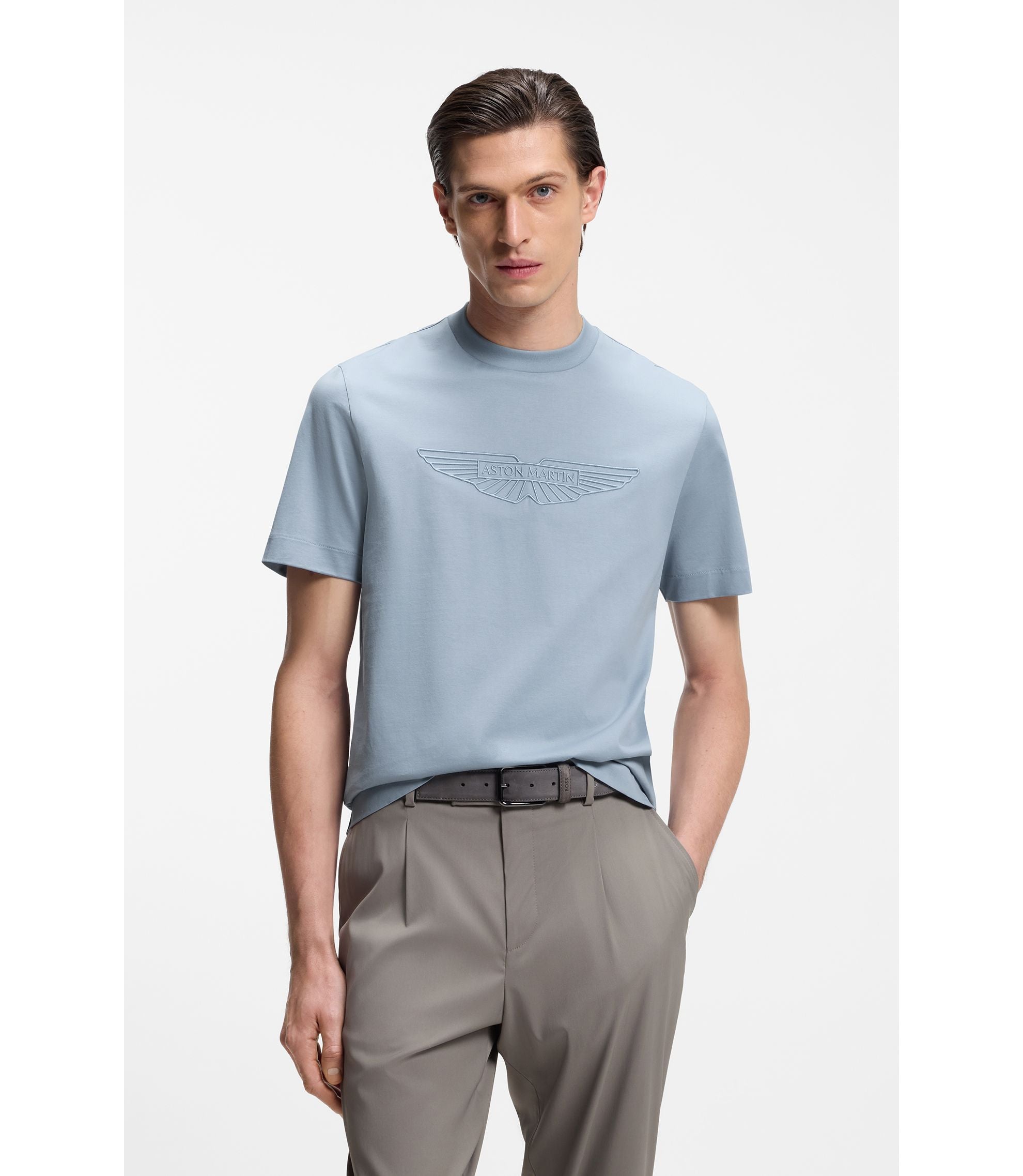 Boss X Aston Martin Mercerized Cotton T Shirt With Wing Detail Light Blue