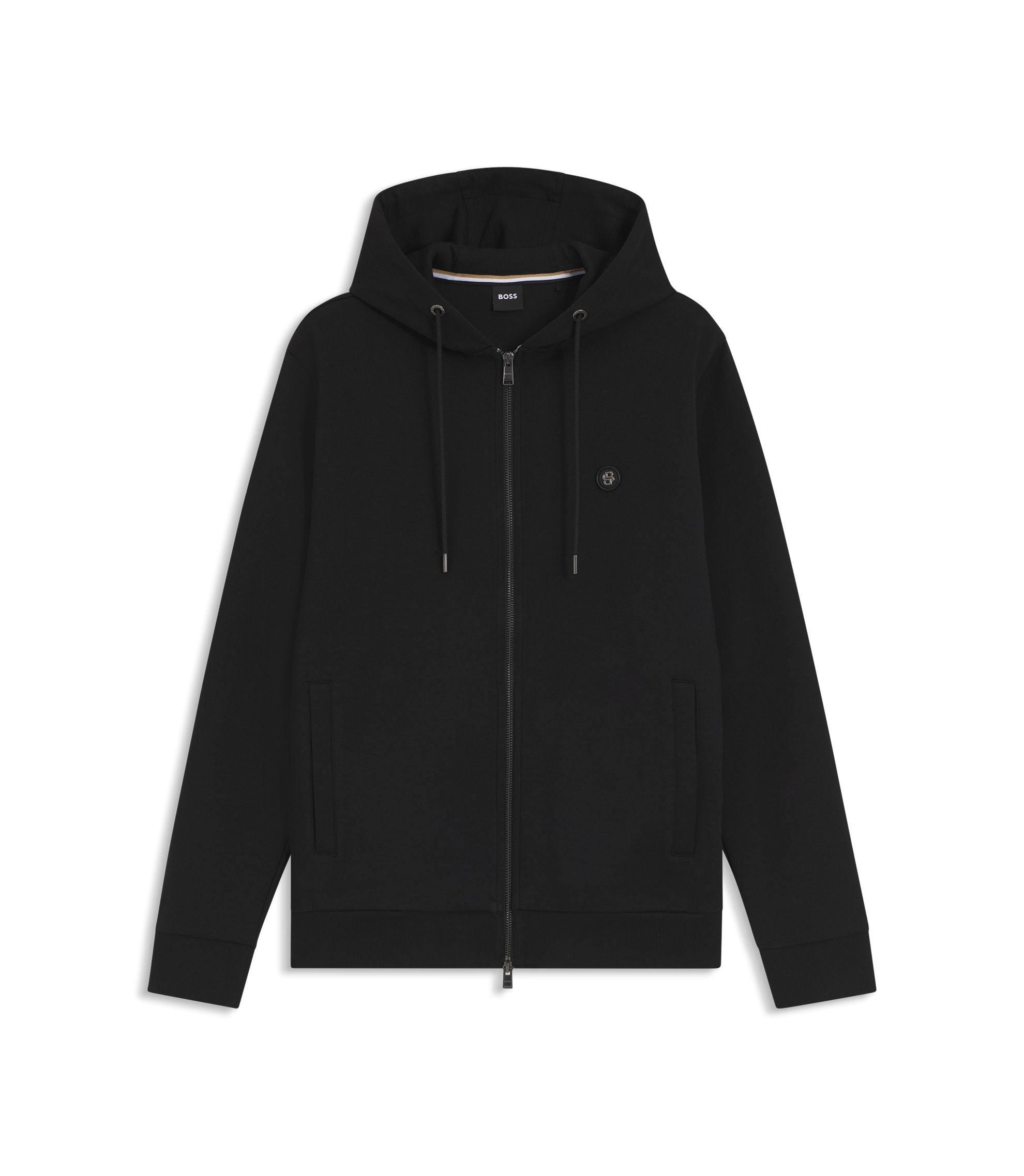 Boss Cotton Blend Zip Up Hoodie With Double B Monogram Black