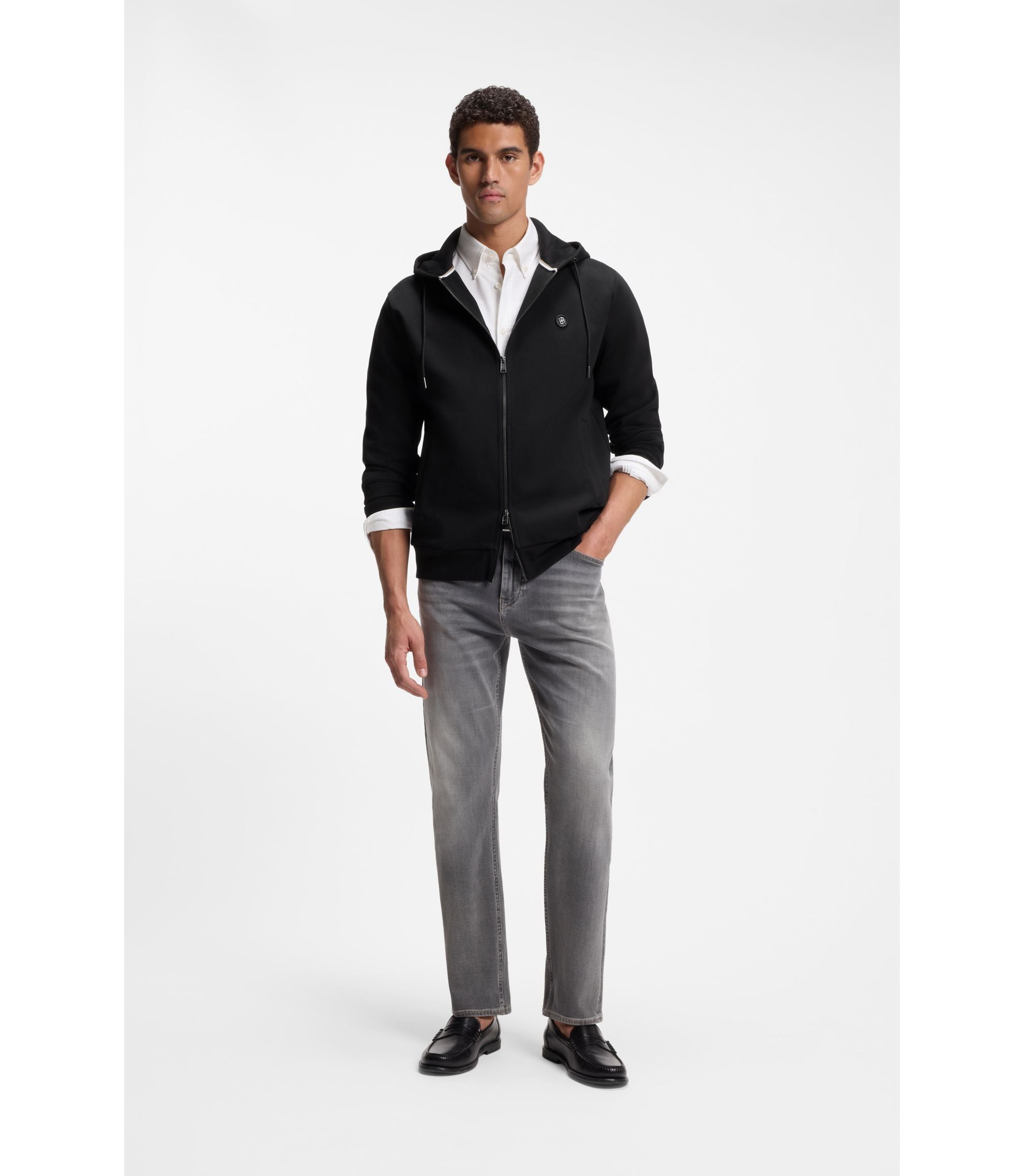 Boss Cotton Blend Zip Up Hoodie With Double B Monogram Black