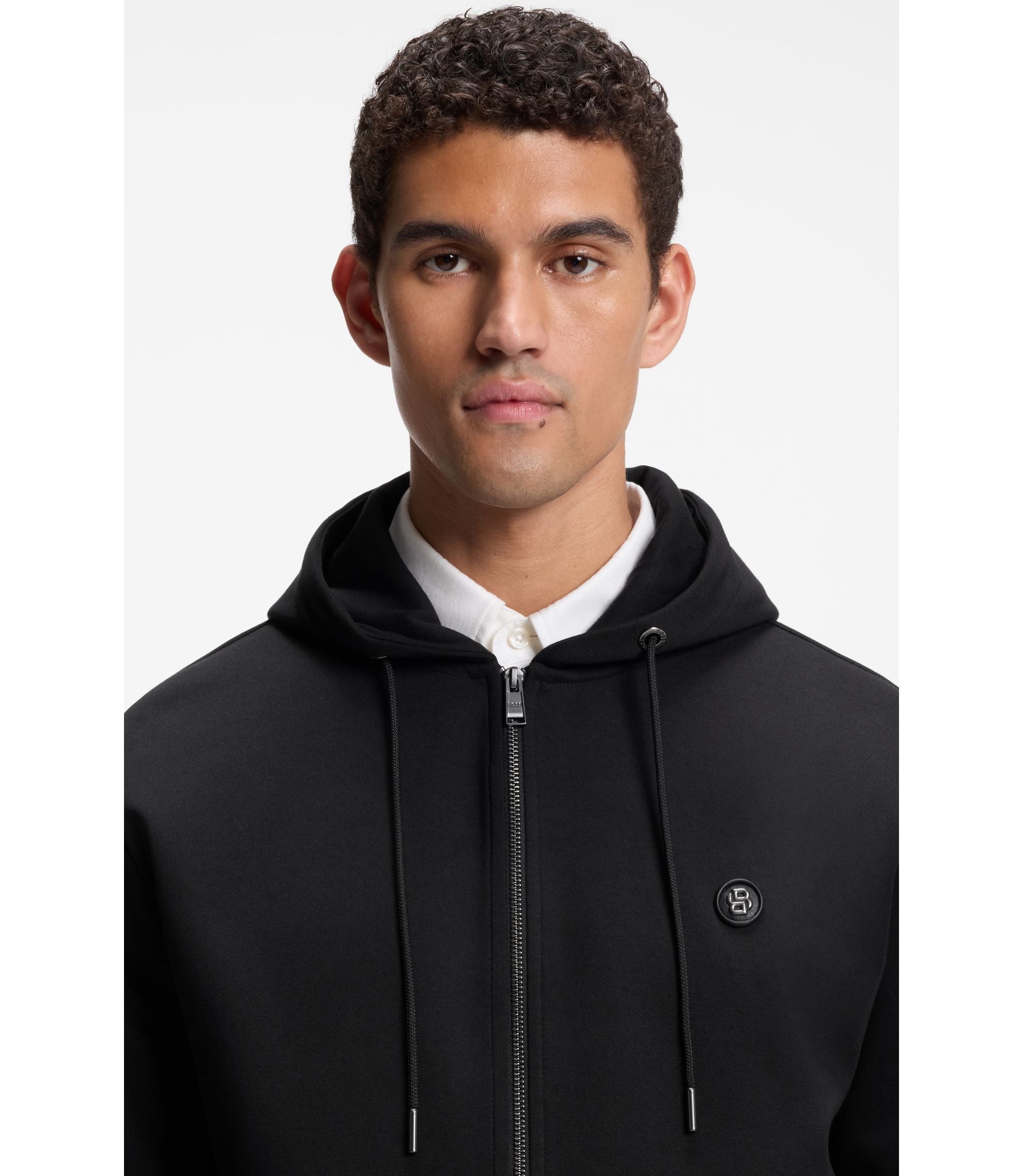 Boss Cotton Blend Zip Up Hoodie With Double B Monogram Black