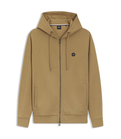 Boss Cotton Blend Zip Up Hoodie With Double B Monogram Khaki
