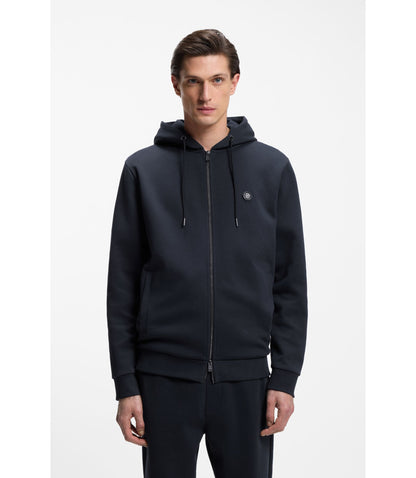 Boss Cotton Blend Zip Up Hoodie With Double B Monogram Dark Blue