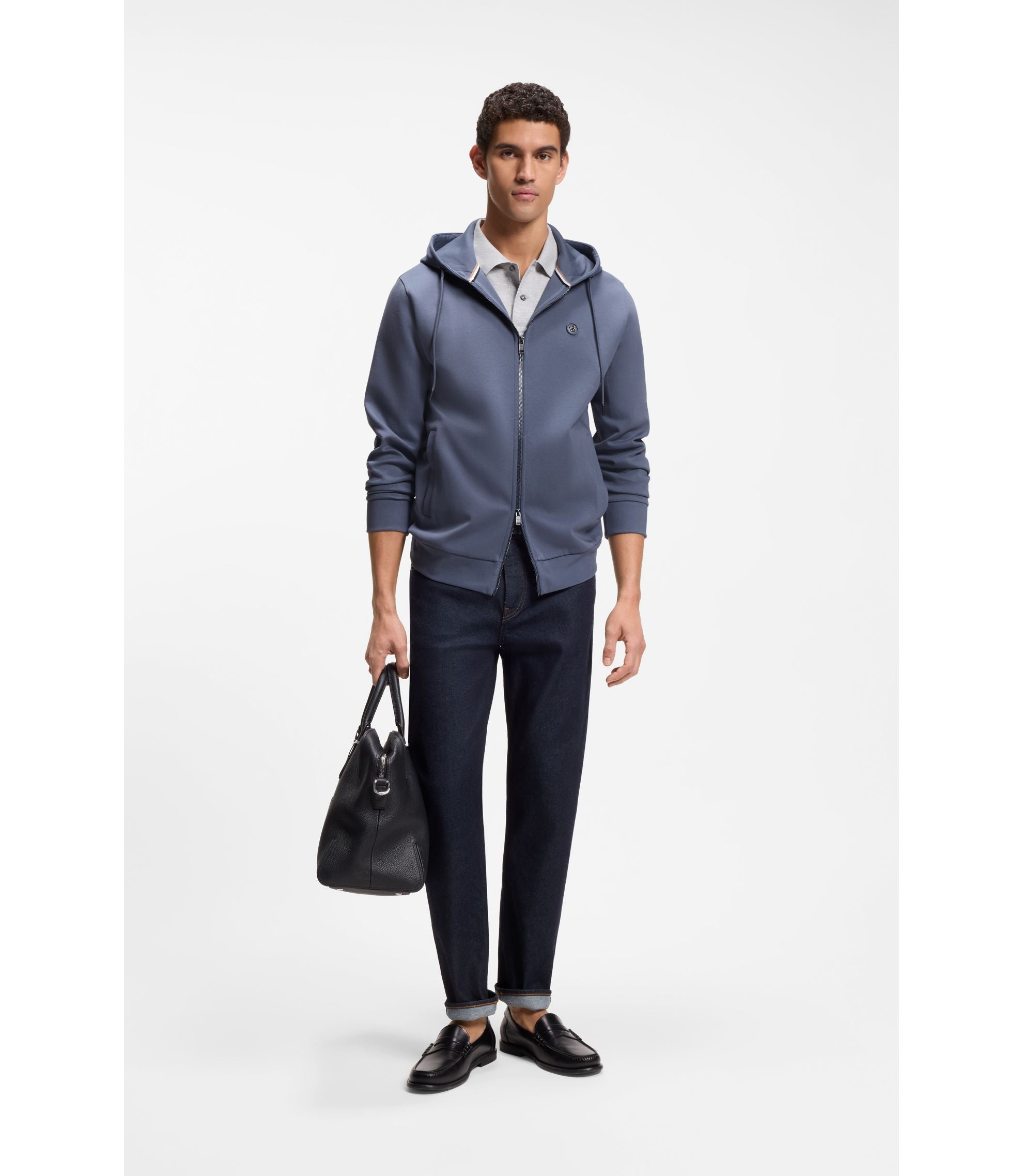 Boss Cotton Blend Zip Up Hoodie With Double B Monogram Light Blue