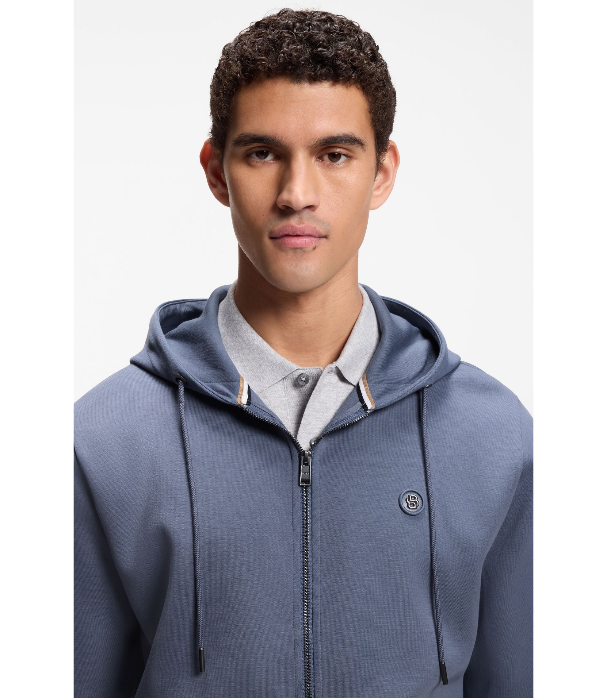 Boss Cotton Blend Zip Up Hoodie With Double B Monogram Light Blue