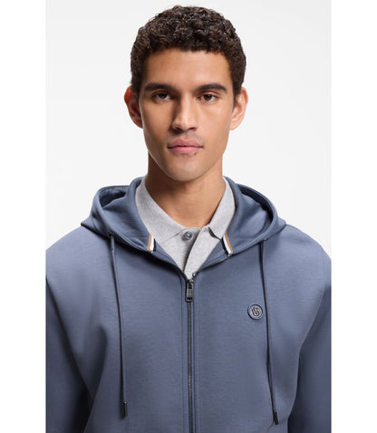 Boss Cotton Blend Zip Up Hoodie With Double B Monogram Light Blue