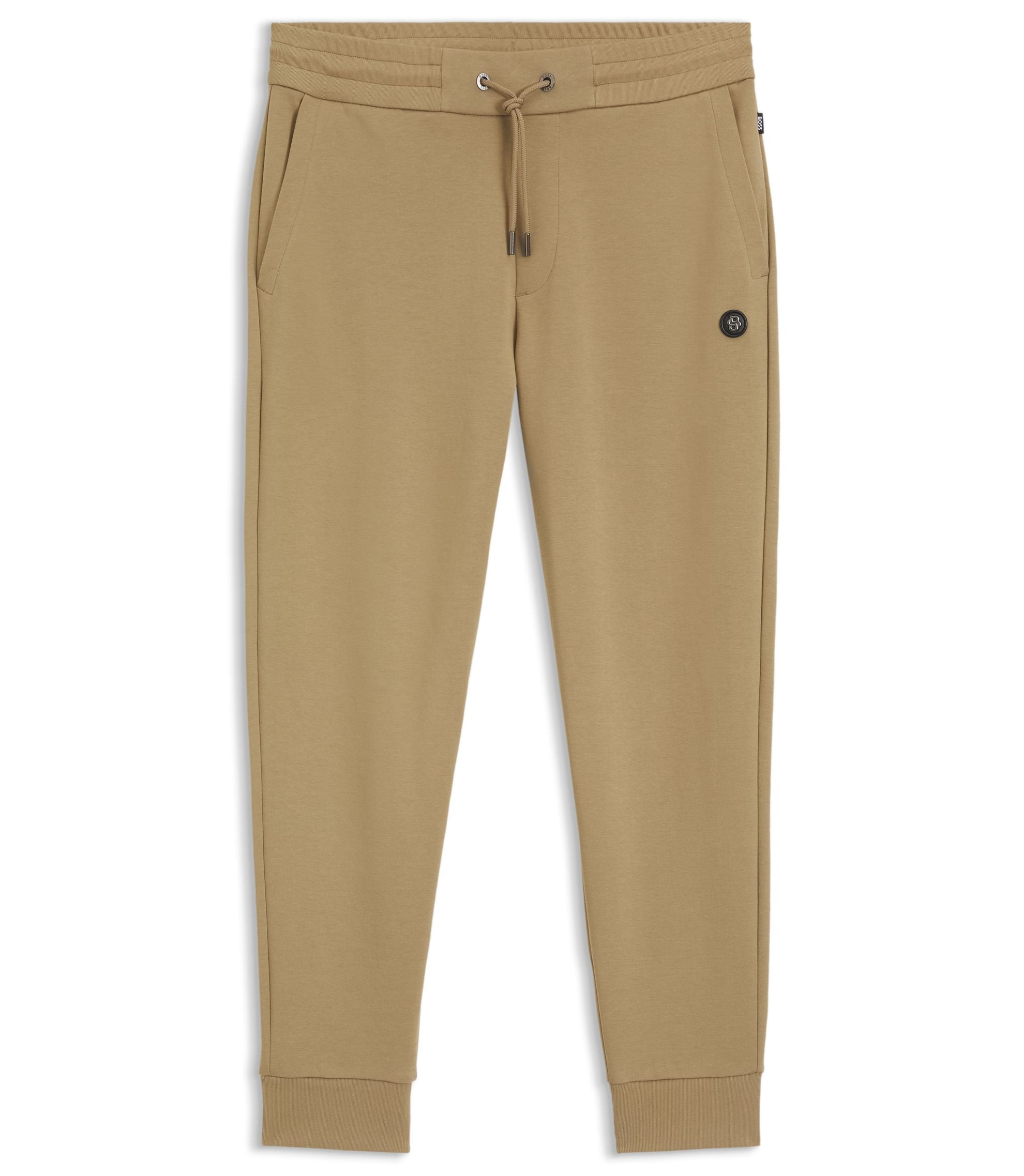 Boss Cotton Blend Track Pants With Double B Monogram Badge Khaki