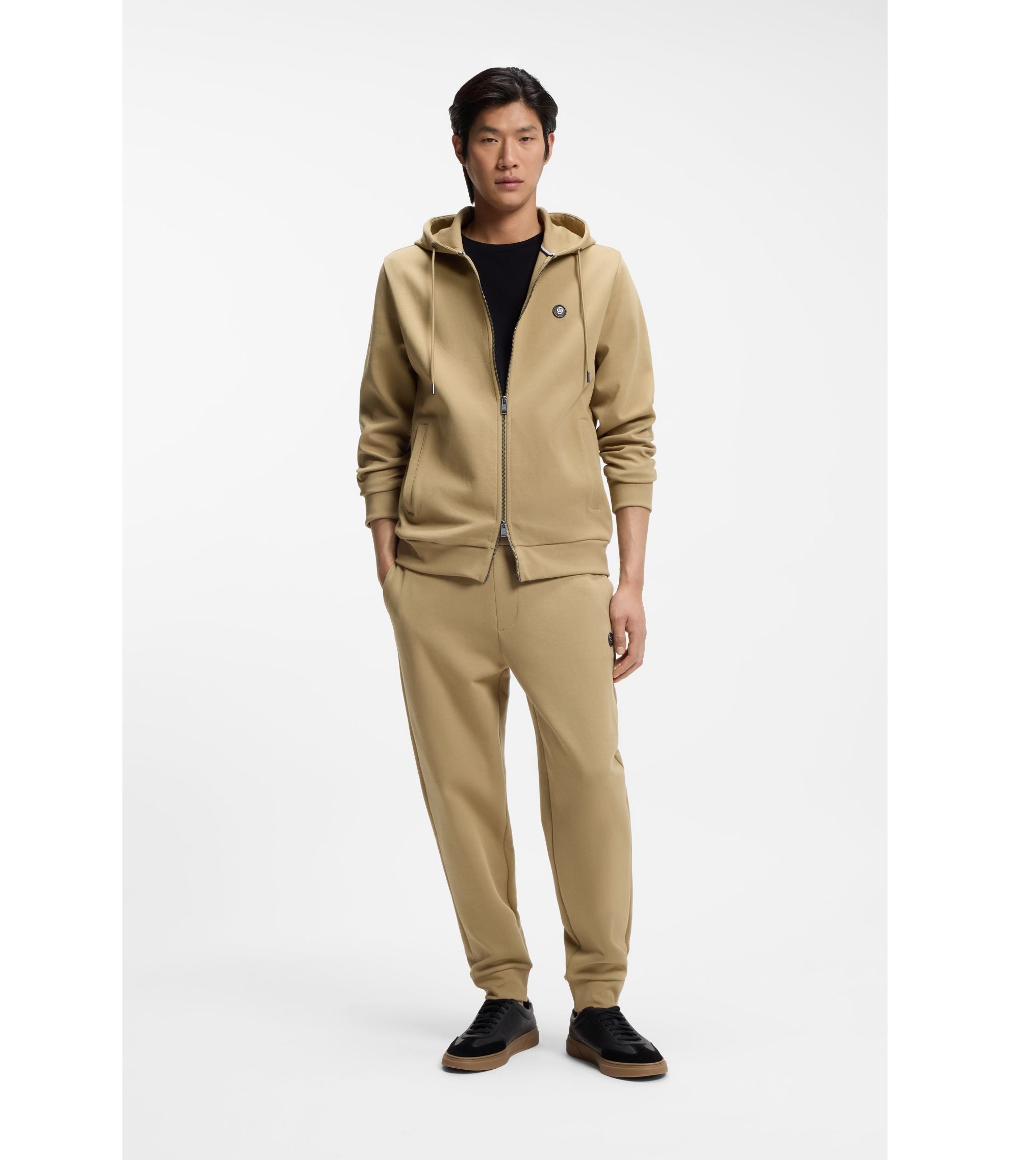 Boss Cotton Blend Track Pants With Double B Monogram Badge Khaki