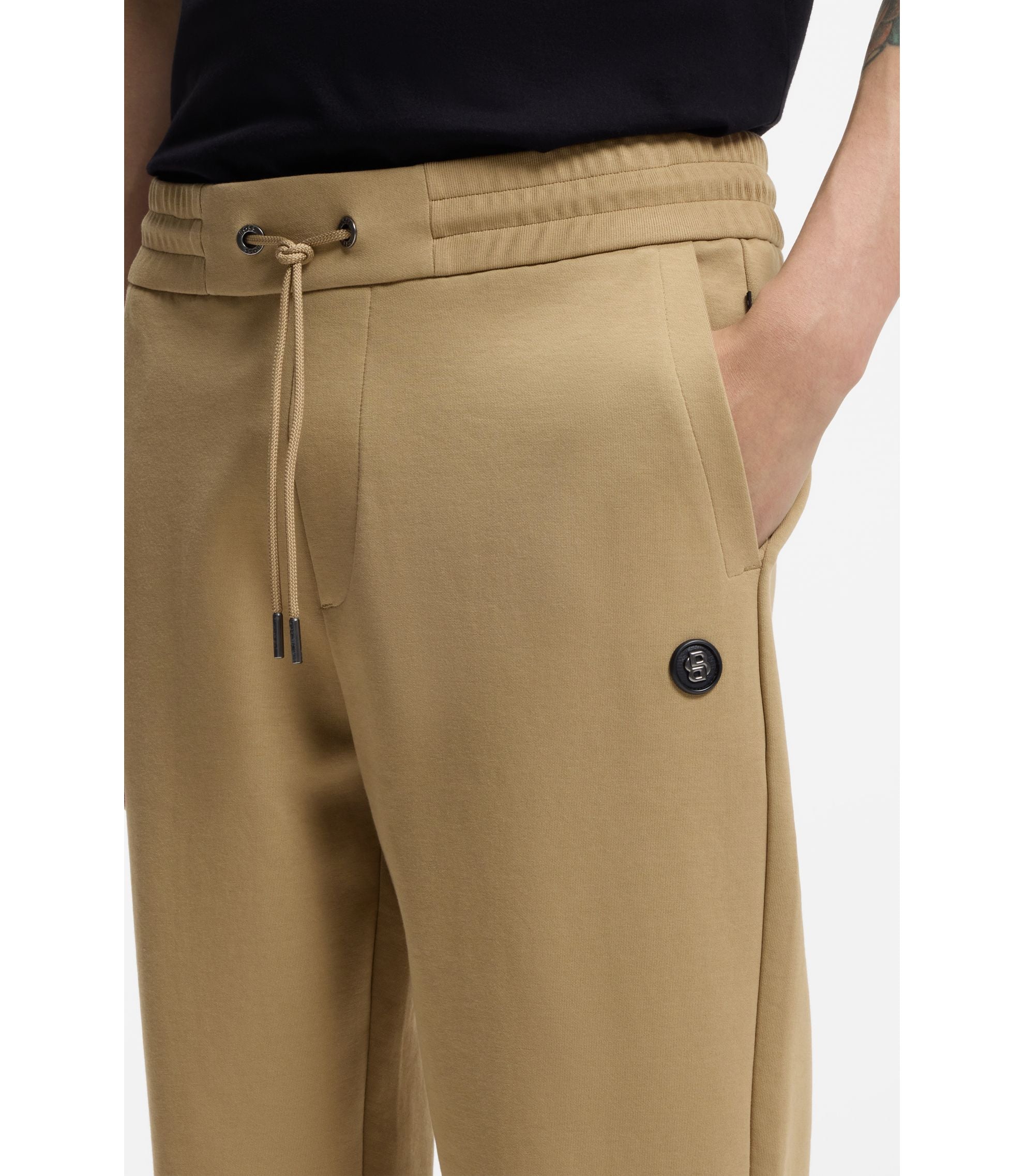 Boss Cotton Blend Track Pants With Double B Monogram Badge Khaki