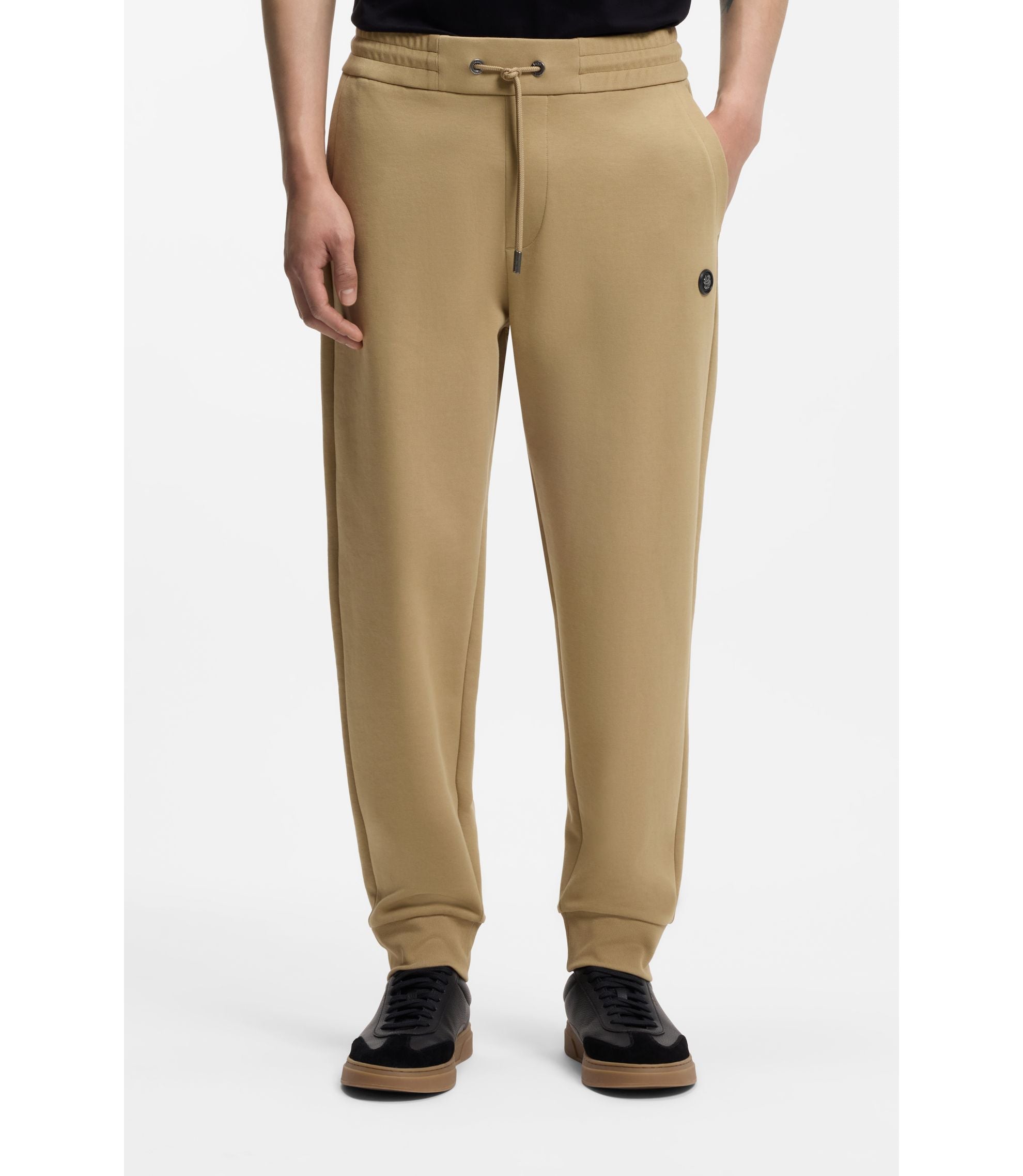 Boss Cotton Blend Track Pants With Double B Monogram Badge Khaki