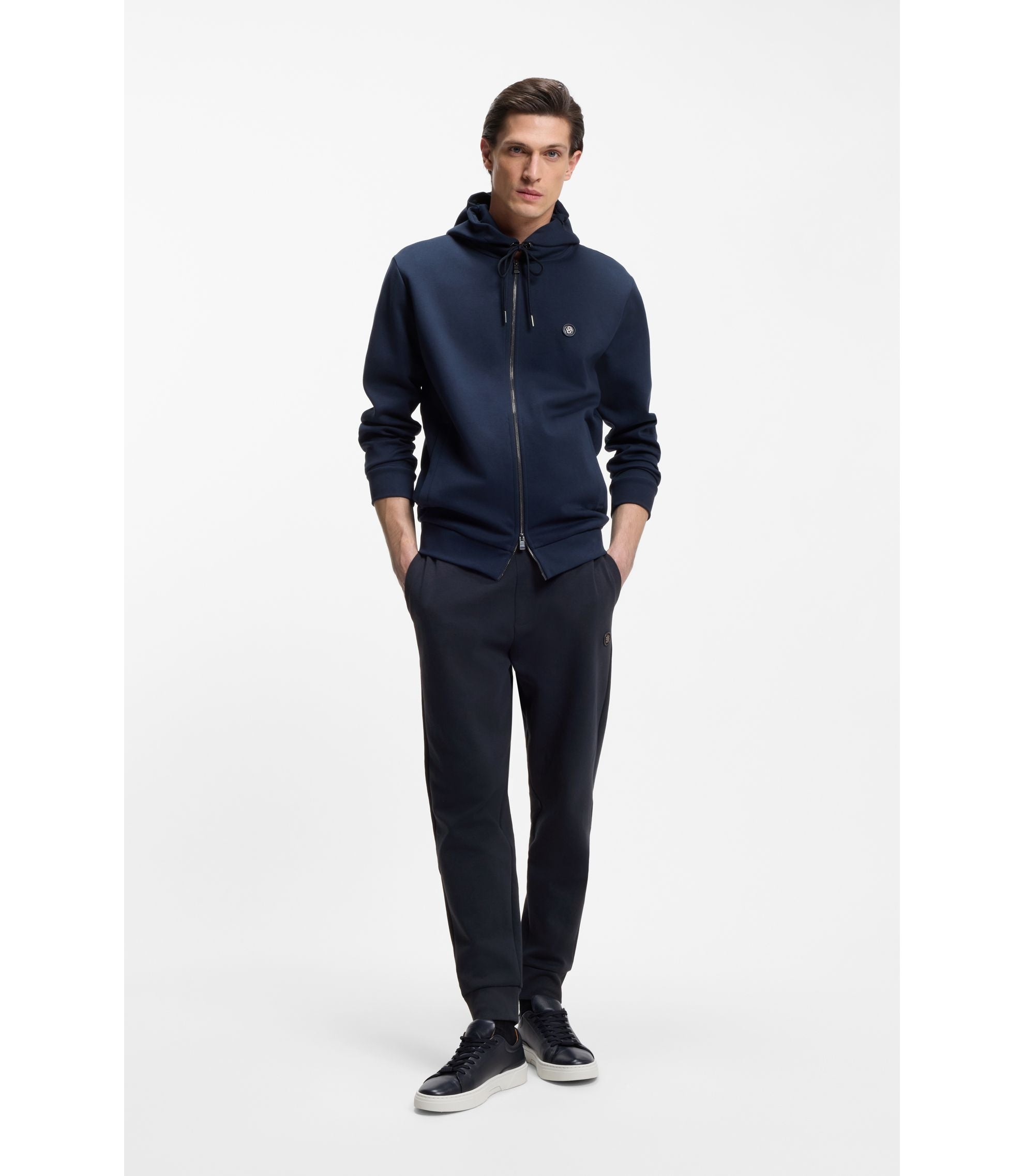 Boss Cotton Blend Track Pants With Double B Monogram Badge Dark Blue