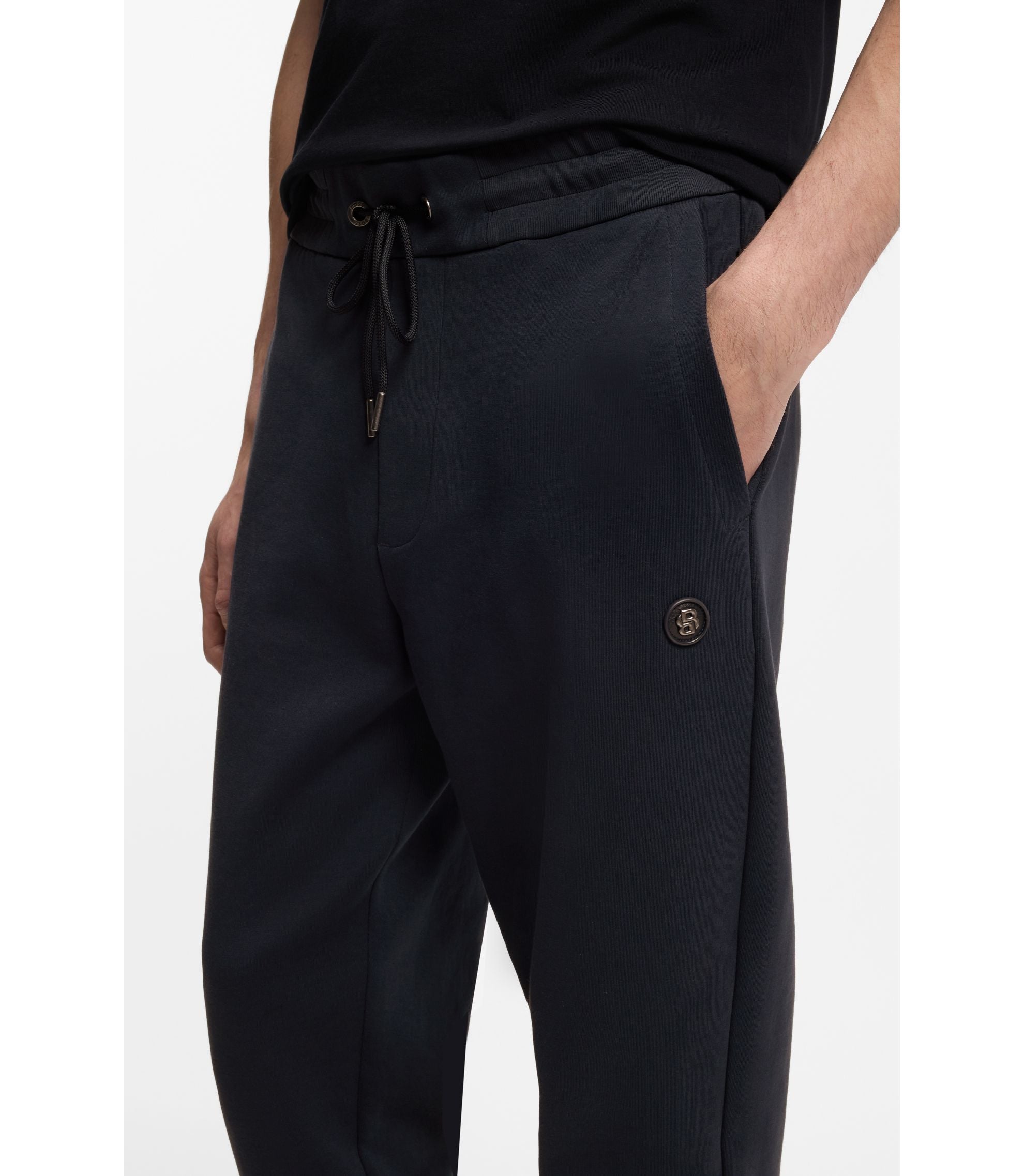 Boss Cotton Blend Track Pants With Double B Monogram Badge Dark Blue
