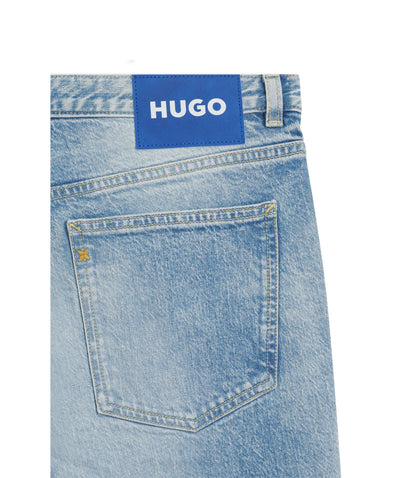 Hugo Blue Tapered Fit Jeans In Distressed Denim Turquoise