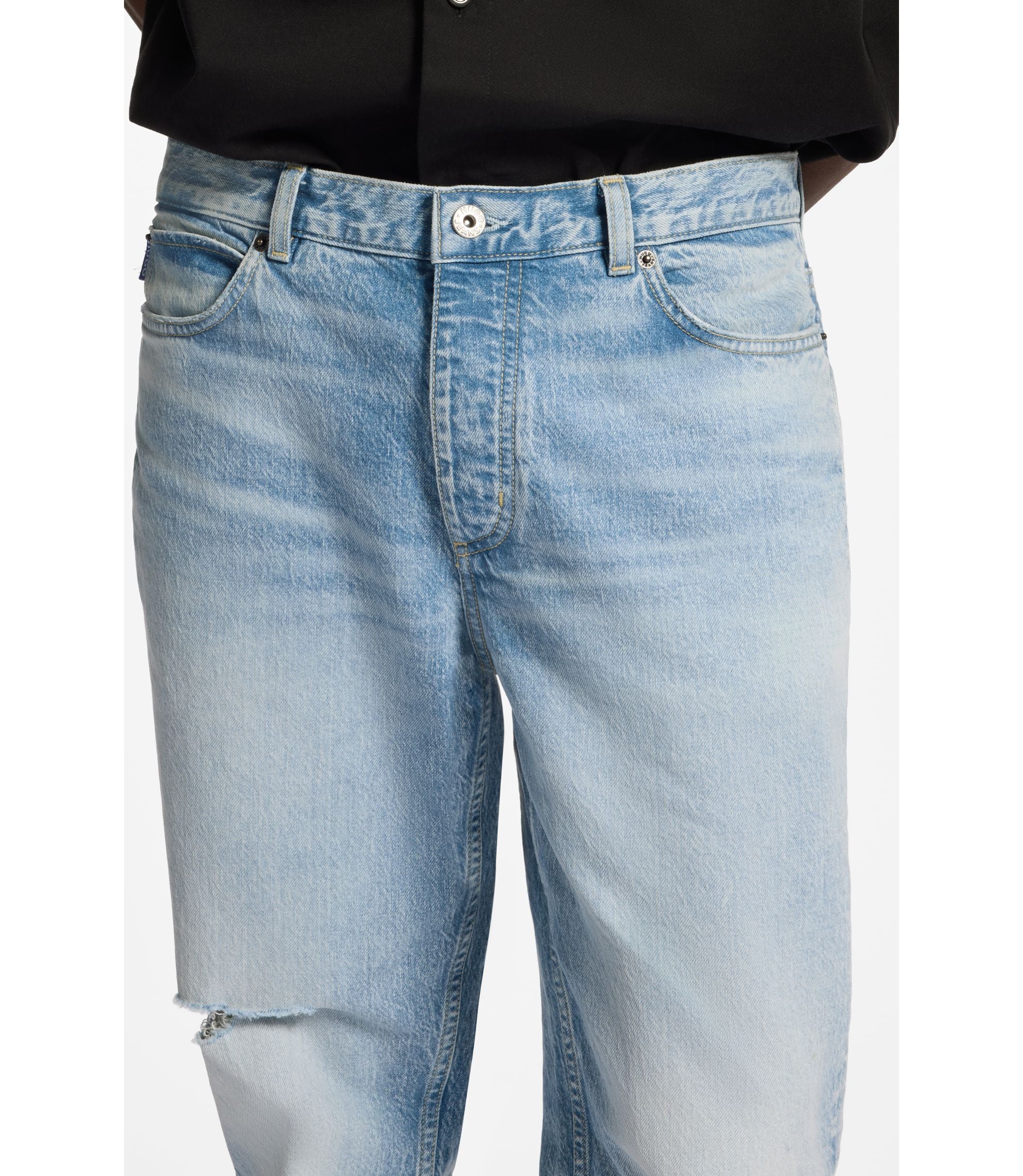 Hugo Blue Tapered Fit Jeans In Distressed Denim Turquoise