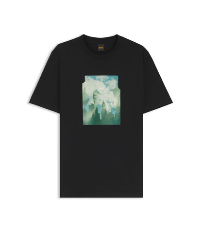 Boss Printed Artwork T Shirt In Cotton Jersey Black