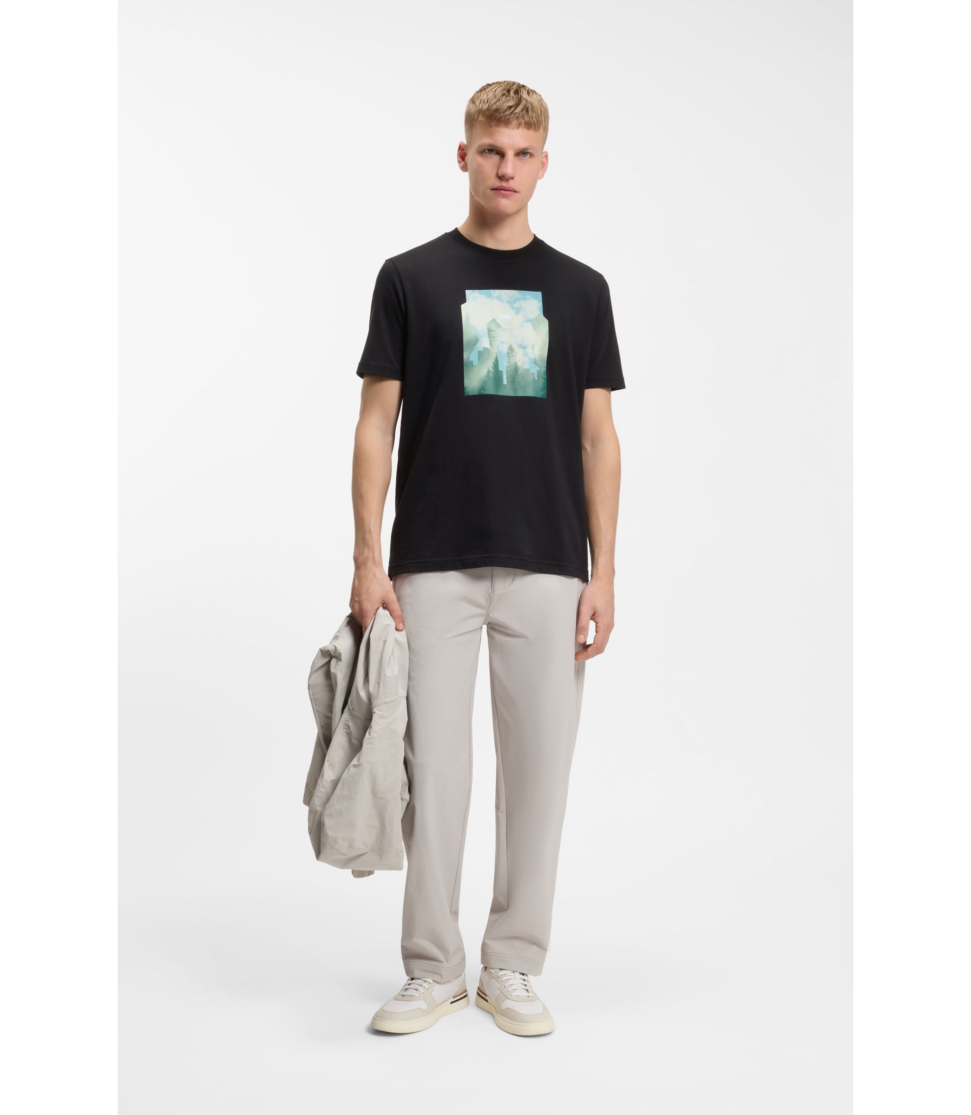 Boss Printed Artwork T Shirt In Cotton Jersey Black