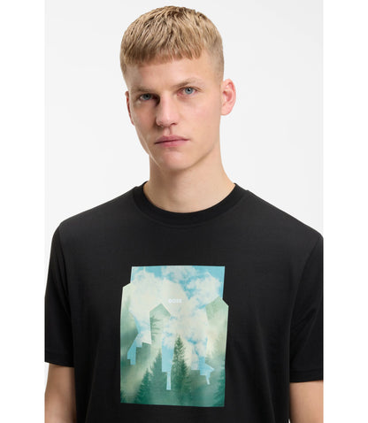 Boss Printed Artwork T Shirt In Cotton Jersey Black
