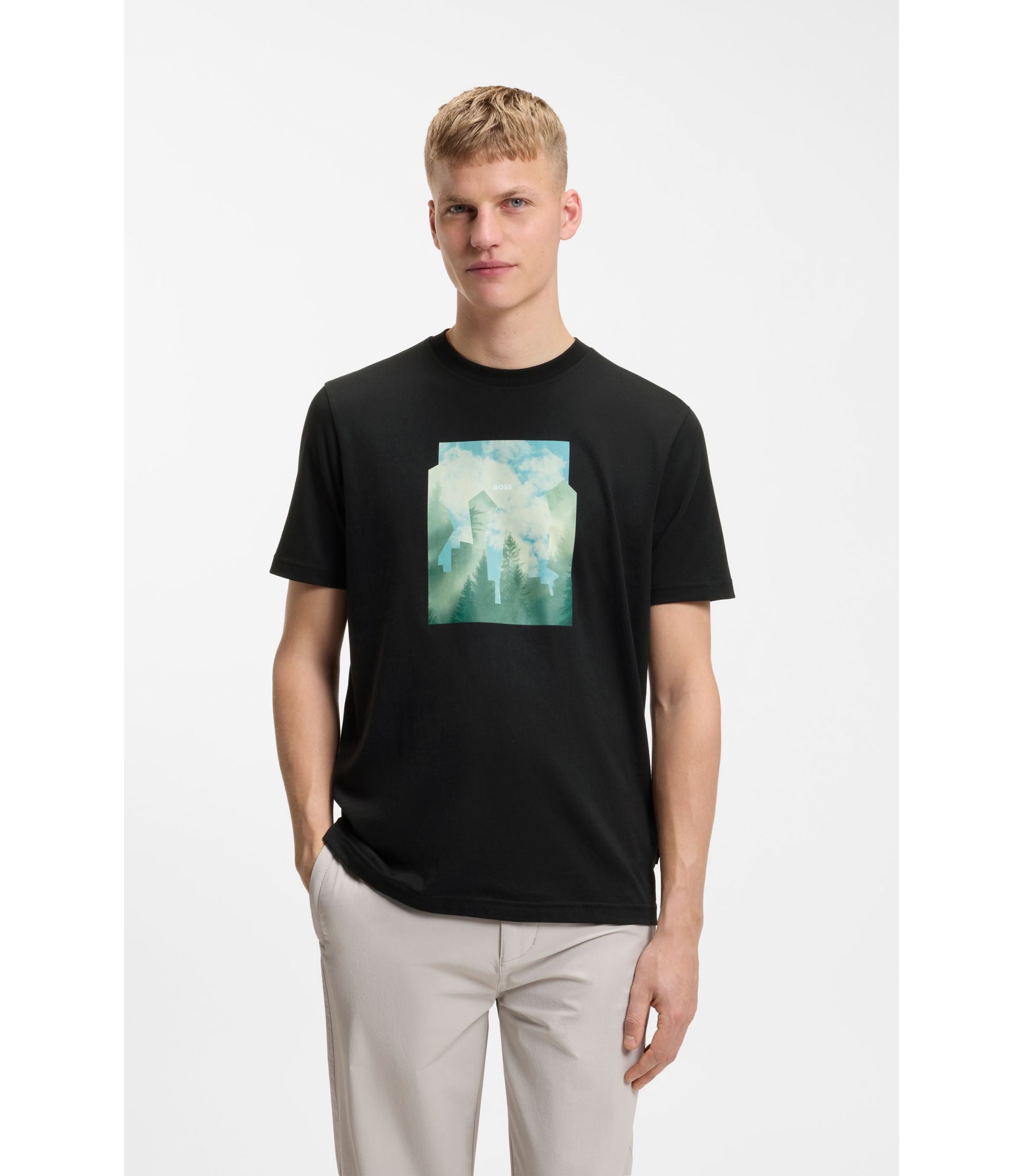 Boss Printed Artwork T Shirt In Cotton Jersey Black