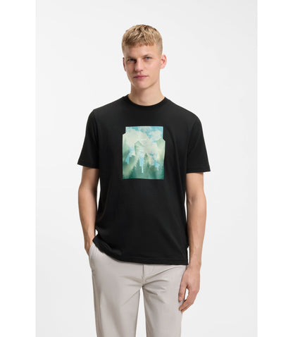 Boss Printed Artwork T Shirt In Cotton Jersey Black