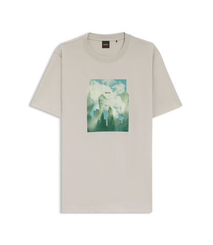 Boss Printed Artwork T Shirt In Cotton Jersey Light Grey