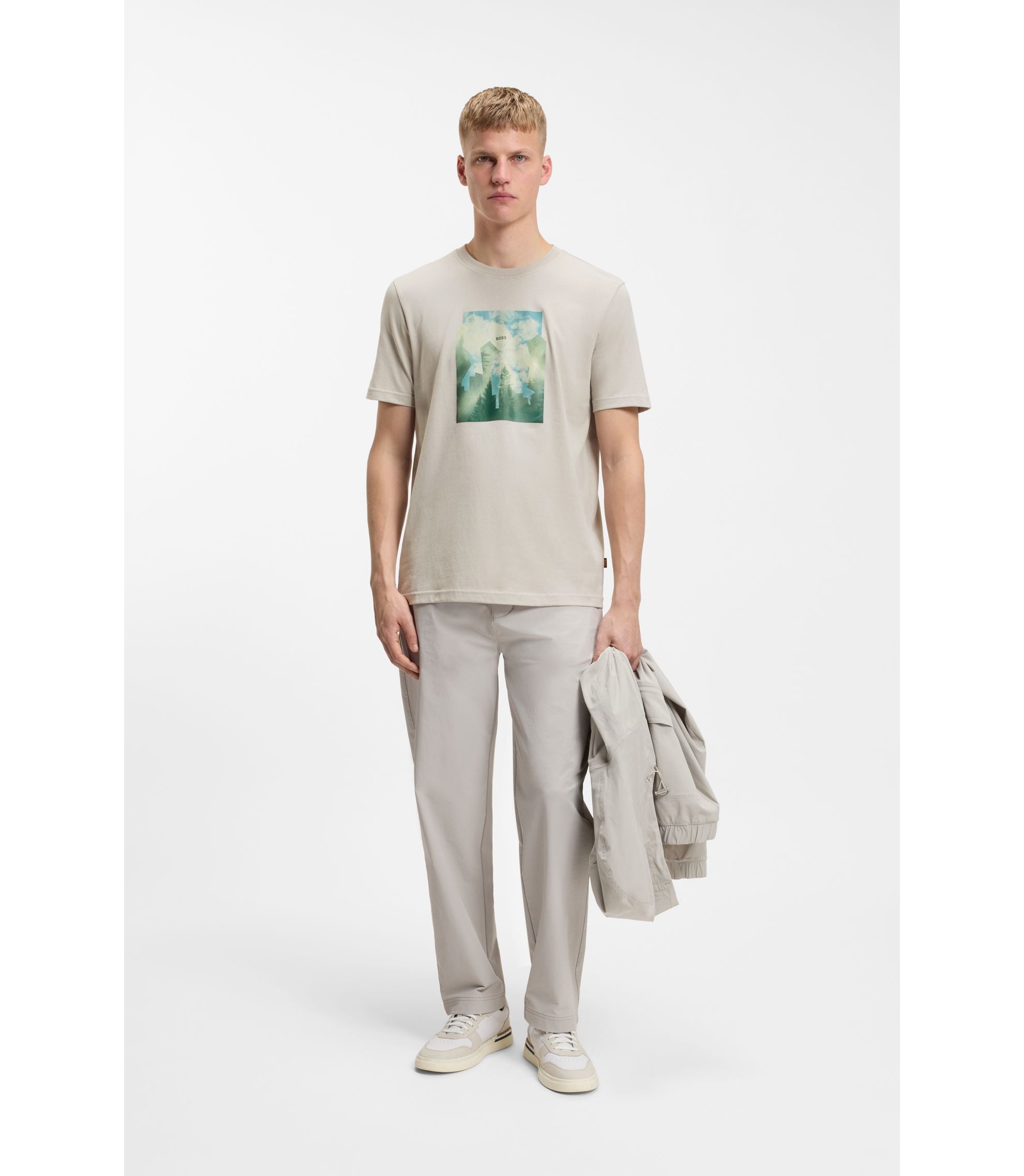Boss Printed Artwork T Shirt In Cotton Jersey Light Grey
