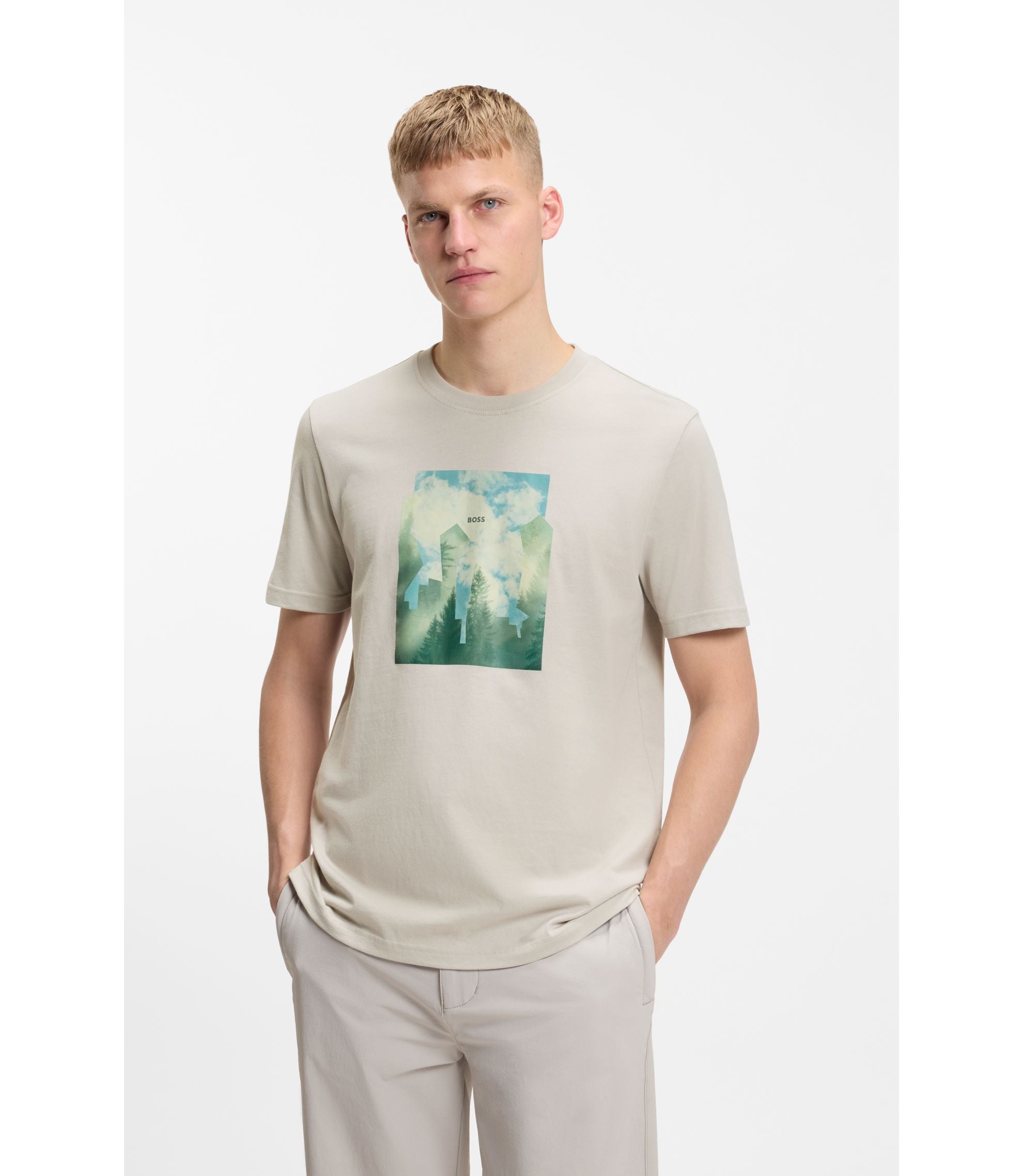 Boss Printed Artwork T Shirt In Cotton Jersey Light Grey