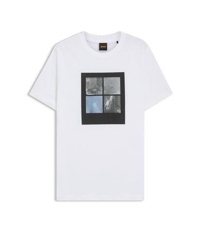 Boss Printed Artwork T Shirt In Cotton Jersey White