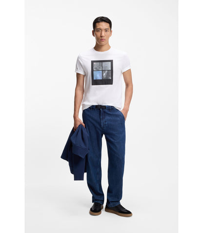 Boss Printed Artwork T Shirt In Cotton Jersey White