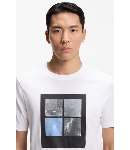Boss Printed Artwork T Shirt In Cotton Jersey White